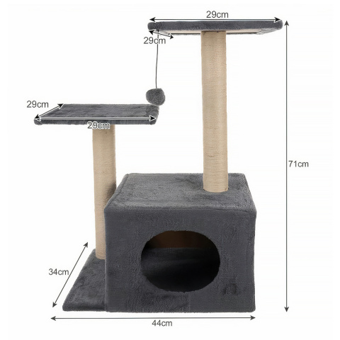 Drapak dla Kota duży słupek z budką Legowisko wieża zabawka z piłką Szary 71cm